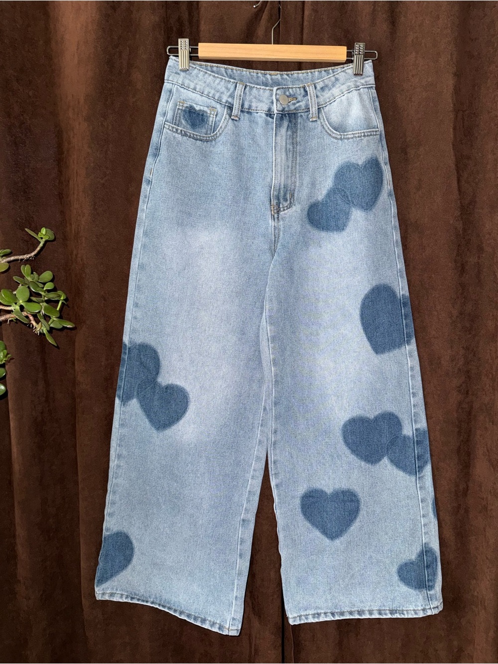 Cider Light Blue Heart Print Wide-Leg Jeans